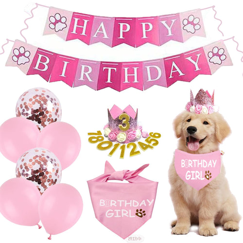 Ensemble d'anniversaire pour chien – Bannière, ballons et couronne rose